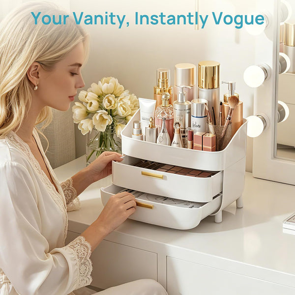 3-Tier Skincare Makeup Organizer with Drawers for Vanity and Bathroom Countertop