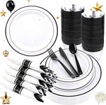 WELLIFE 700 Pieces Silver Plastic Dinnerware Set for 100 Guests - Includes Plates, Cups, Napkins, and Disposable Cutlery - Elegant White & Silver Design, Perfect for Parties and Events