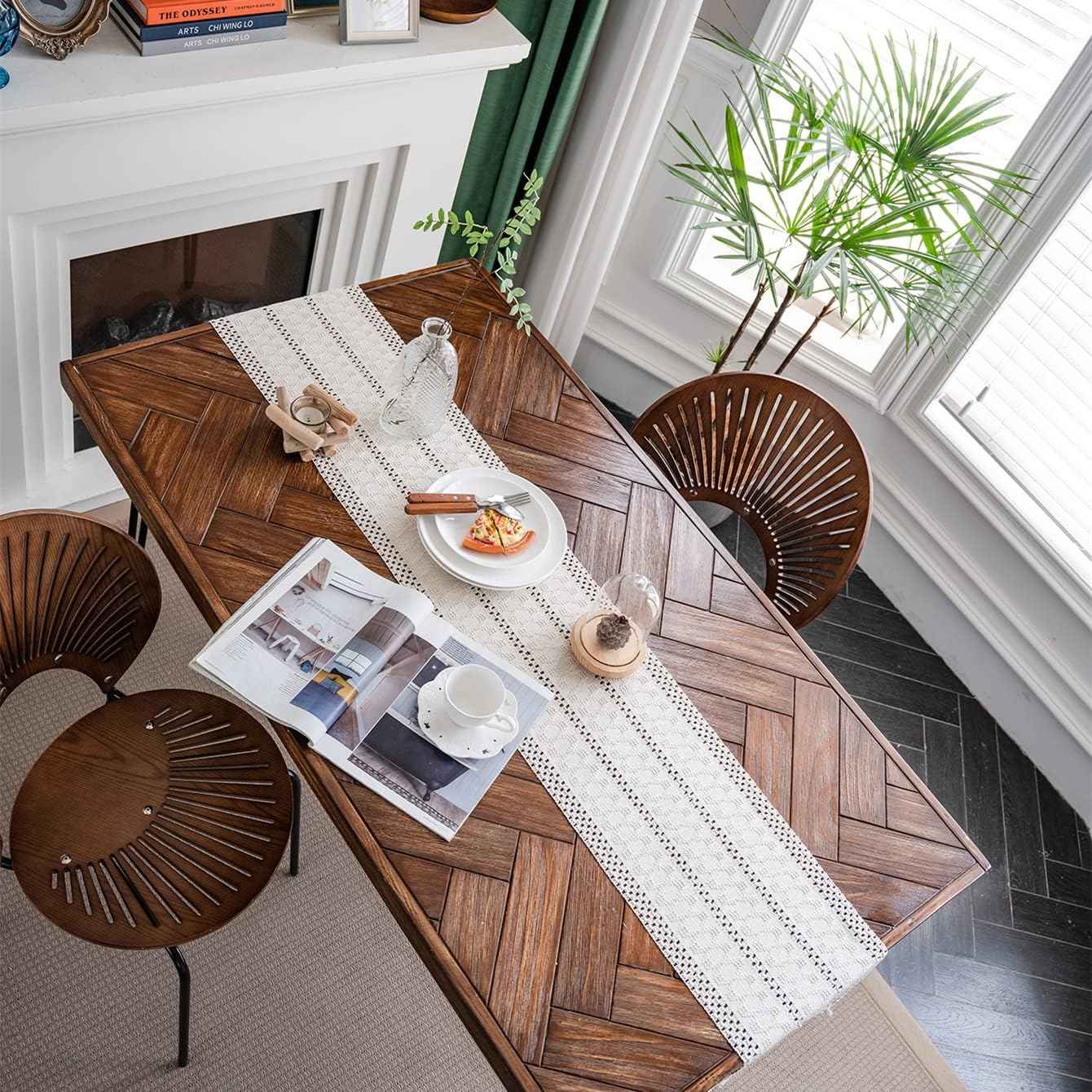 Alynsehom Macrame Table Runner Cream Beige Boho Table Runners with Tassels Hand Woven Cotton Table Runner Rustic Farmhouse Table Runners for Bohemian Kitchen Dining Table(12x71in)