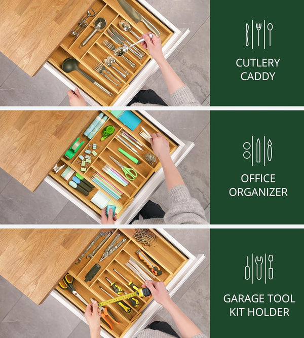 Luxury Bamboo Kitchen Drawer Organizer with Adjustable Storage