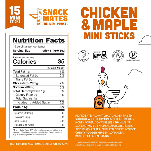 New Primal Snack Mates Chicken & Maple Sticks, Gluten Free, Low Sugar, High Protein Snacks for Kids