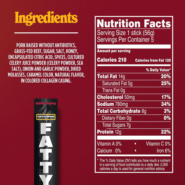 Grass Fed Beef and Pork Meat Sticks, 12g Protein, Honey BBQ, 2 oz, Pack of 5
