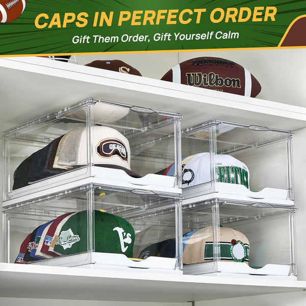 Hat Organizer for Baseball Caps, Clear Storage Box with Drawer and Sliding Tray