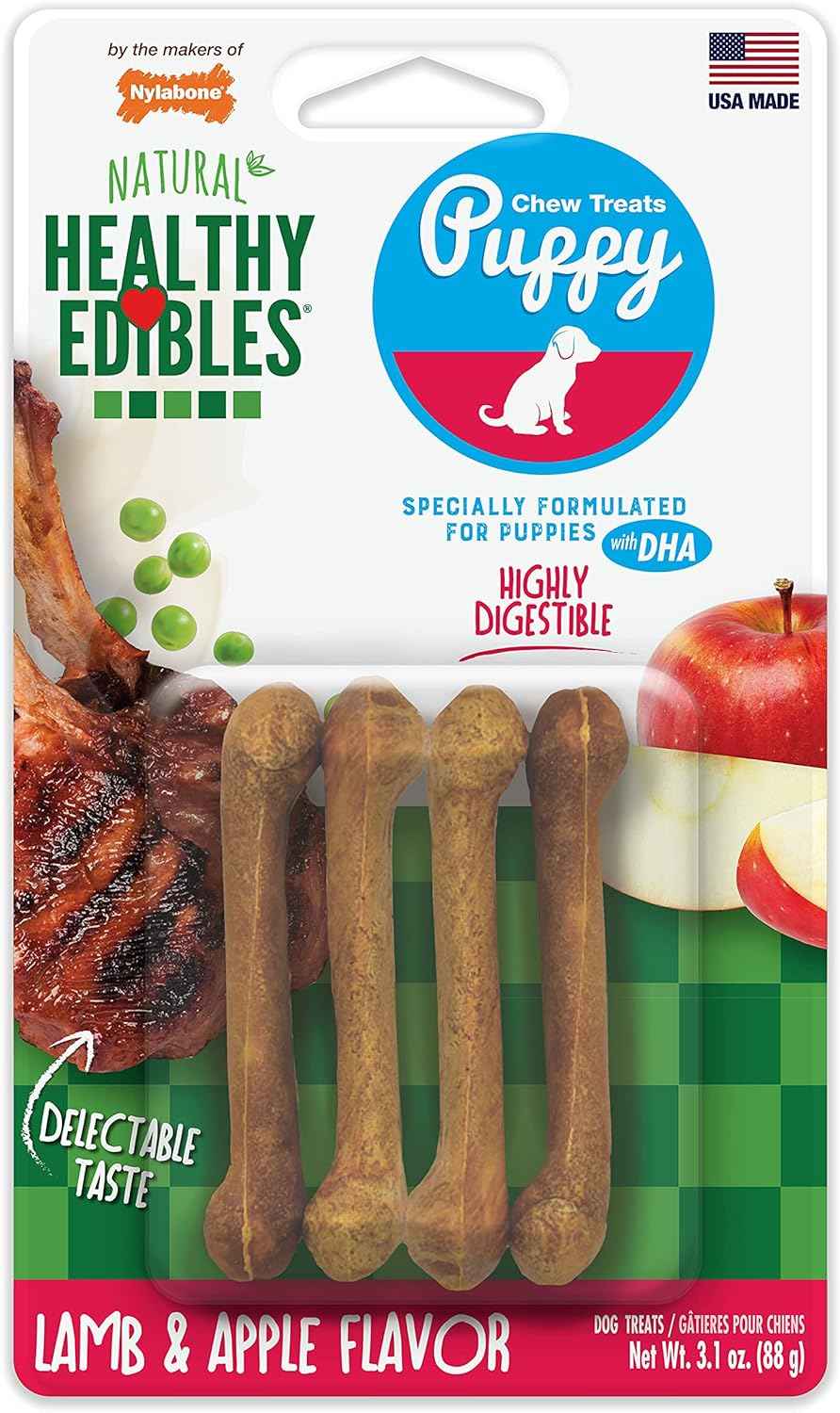 Nylabone Healthy Edibles Natural Puppy Chews Long Lasting Treats for Puppies, Roast Beef, Apple & Bacon Flavor, X-Small/Petite (3 Count)