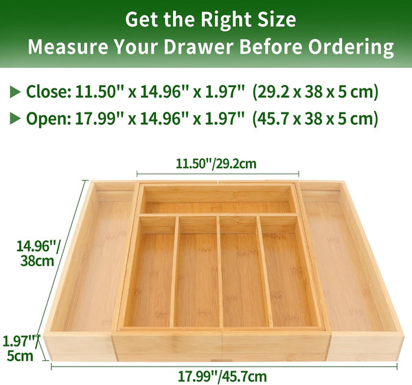 Bamboo drawer organizer for kitchen utensils and storage