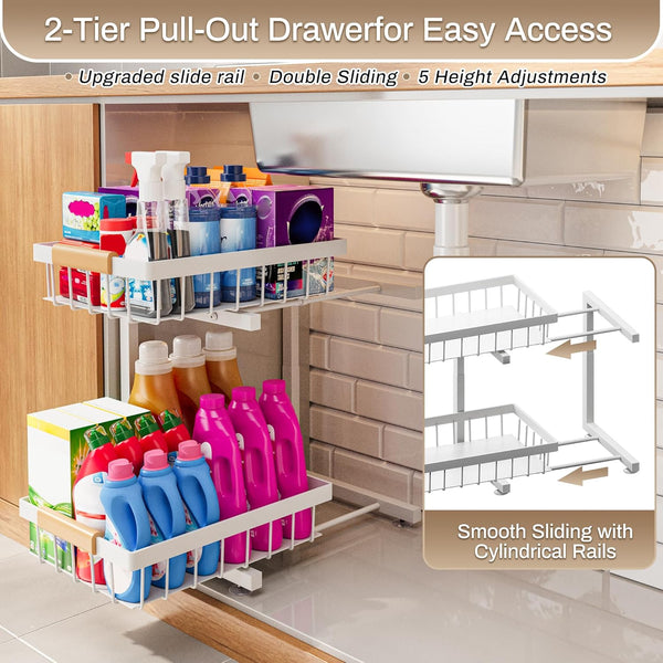 Adjustable Height Under Sink Organizer 2 Pack for Kitchen Bathroom