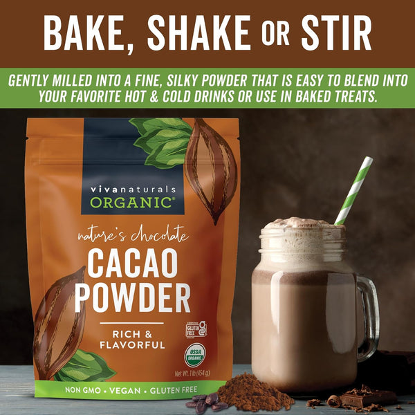 Organic Unsweetened Cacao Powder 1 lb (454 g) Rich Dark Chocolate Flavor Vegan Keto Paleo Non-Gmo Gluten-Free
