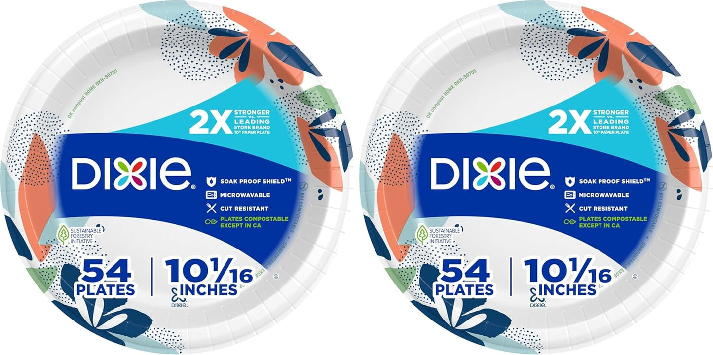 Dixie Large Paper Plates, 10 Inch, 54 Count, 2X Stronger*, Microwave-Safe, Soak-Proof, Cut Resistant, Disposable Plates For Everyday Breakfast, Lunch, & Dinner Meals