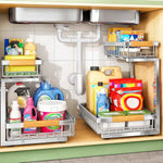 Under Sink Organizer, 2 Packs 2 Tier Under Sink Organizers and Storage, Slide out Pull out Cabinet Organizer Shelf, Metal Sliding Drawer for Kitchen Bathroom Pantry Cabinet Closet Organization Rack