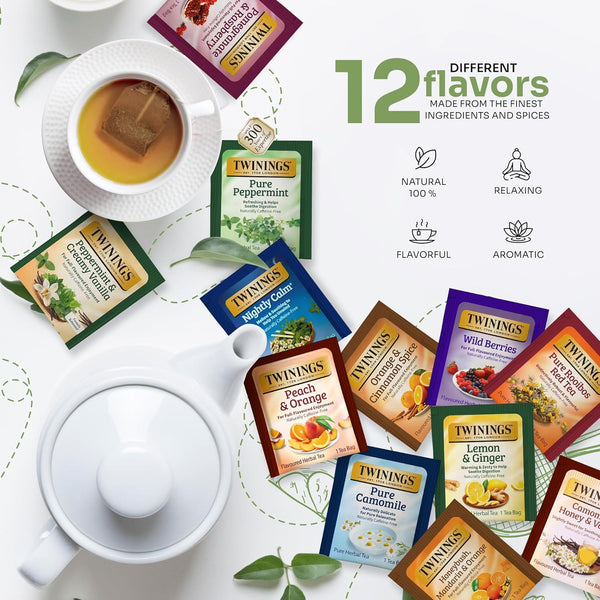 Twinings 48 Tea Bags Herbal Variety Pack, 12 Flavors, Caffeine-Free, Individually Wrapped