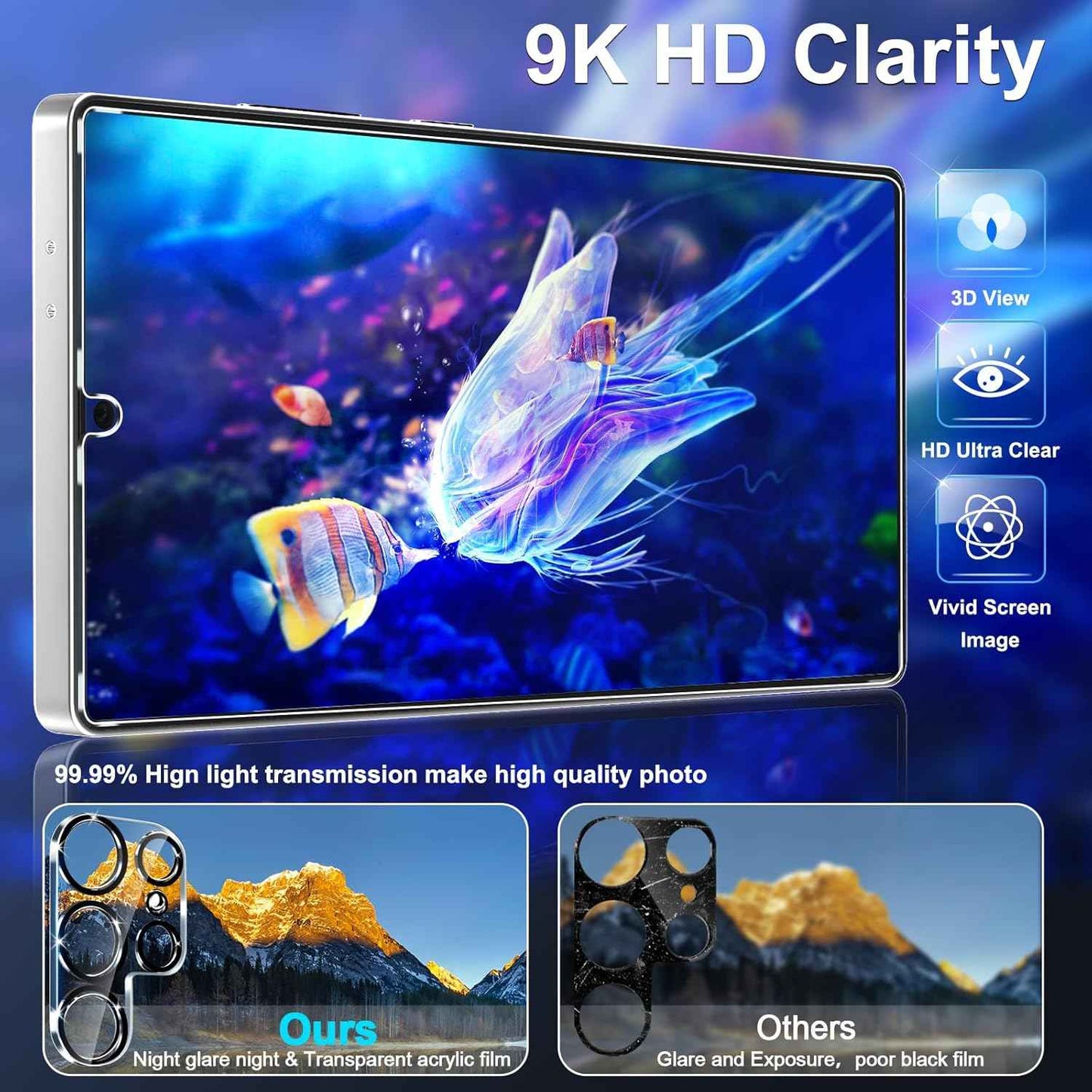 3 Pack Glass Screen Protector for Samsung Galaxy S25 Ultra [6.9 inch] + 3 Pack Camera Lens Protector, 9H Tempered Glass, Fingerprint Unlock, HD Clear Case Friendly Anti-Scratch