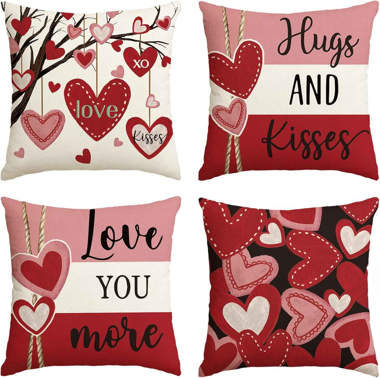 AVOIN colorlife Valentine's Day Hugs and Kisses Love You More Throw Pillow Covers, 18 x 18 Inch Valentine Heart Stripes Wedding Cushion Case Decoration for Sofa Couch Set of 4