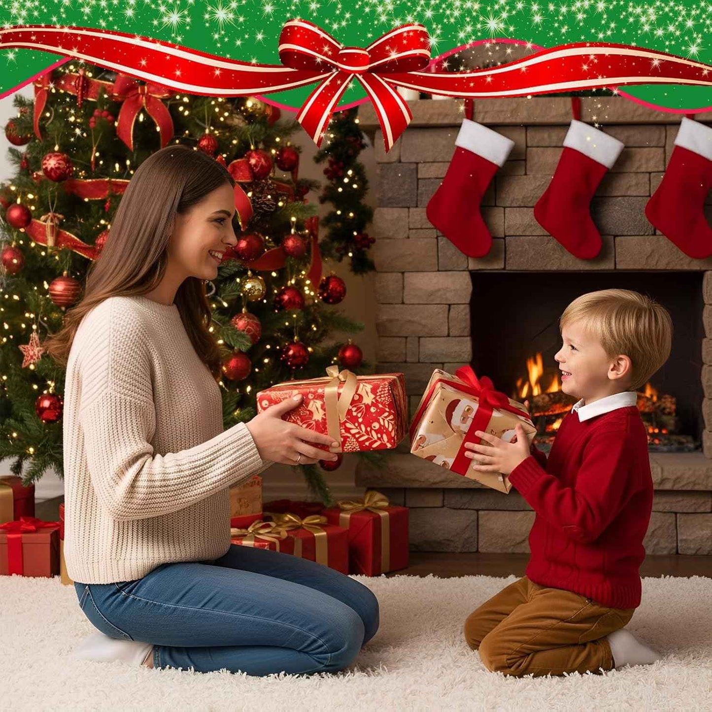 Christmas Kraft Wrapping Paper (4 Rolls, 93 sq. ft. ttl) Santa Claus, Snowflakes, Merry Christmas Script, Pinecones and Foliage Patterns for Holiday Gift Wrap - 17 Inches x 16.5 Feet Per Roll