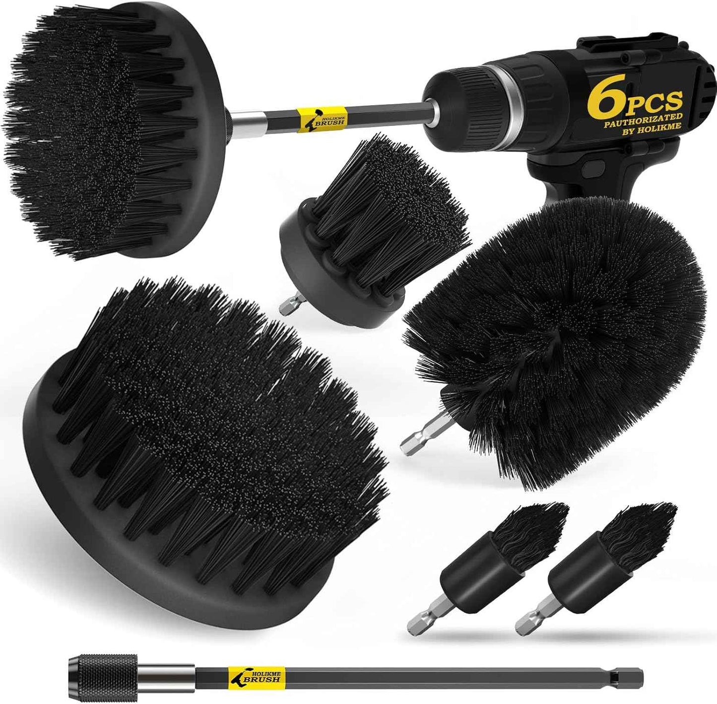 Holikme 6Pack Drill Brush Power Scrubber Cleaning Brush Extended Long Attachment Set All Purpose Drill Scrub Brushes Kit for Grout, Floor, Tub, Bathroom and Kitchen Surface,Scratch Brushes（Yellow）