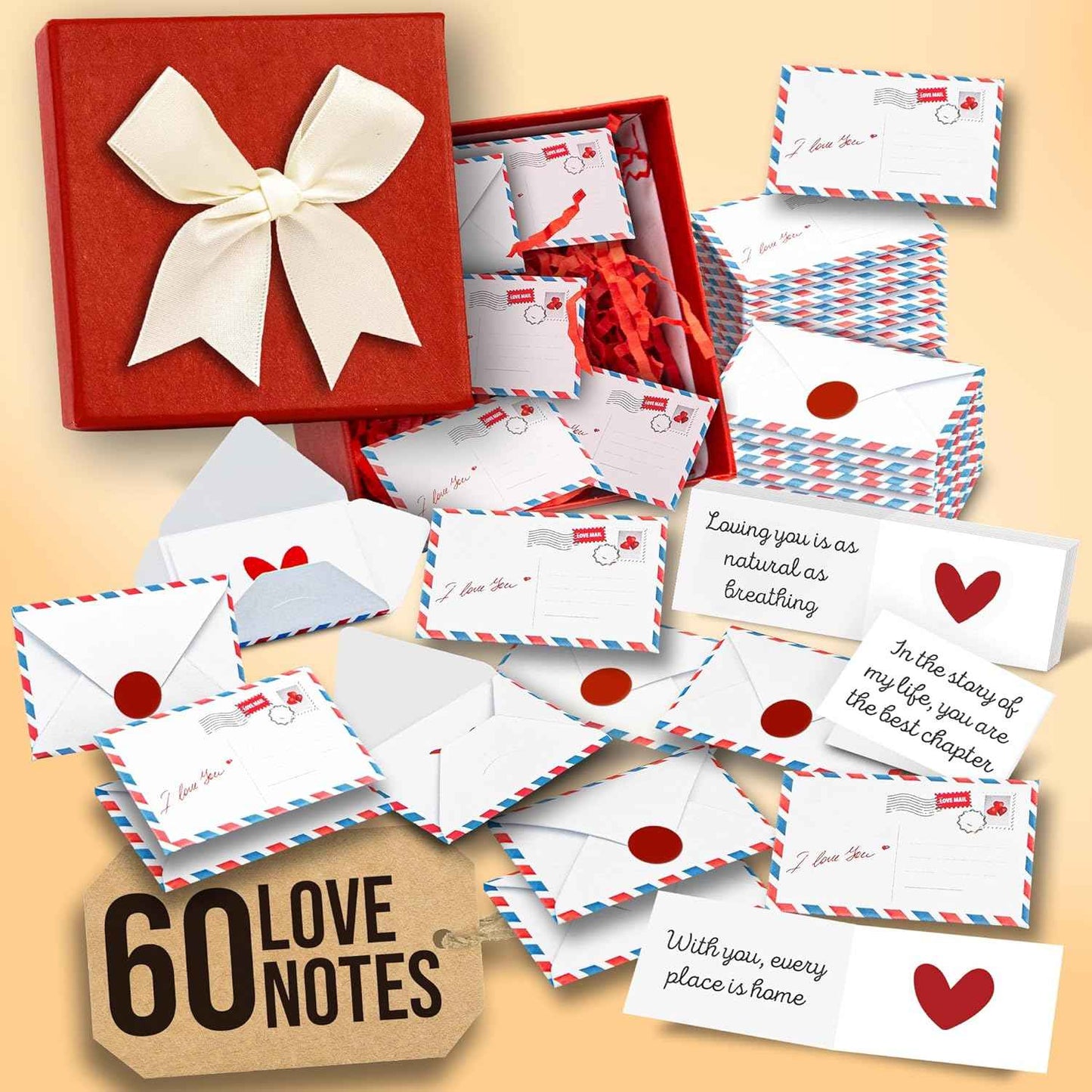 60 Mini Love Notes With Envelopes - Valentines Day Gifts For Him, Her, Boyfriend, Girlfriend - Valentines Gift For Husband, Wife - Anniversary Birthday Christmas I Love You Gifts For Couples