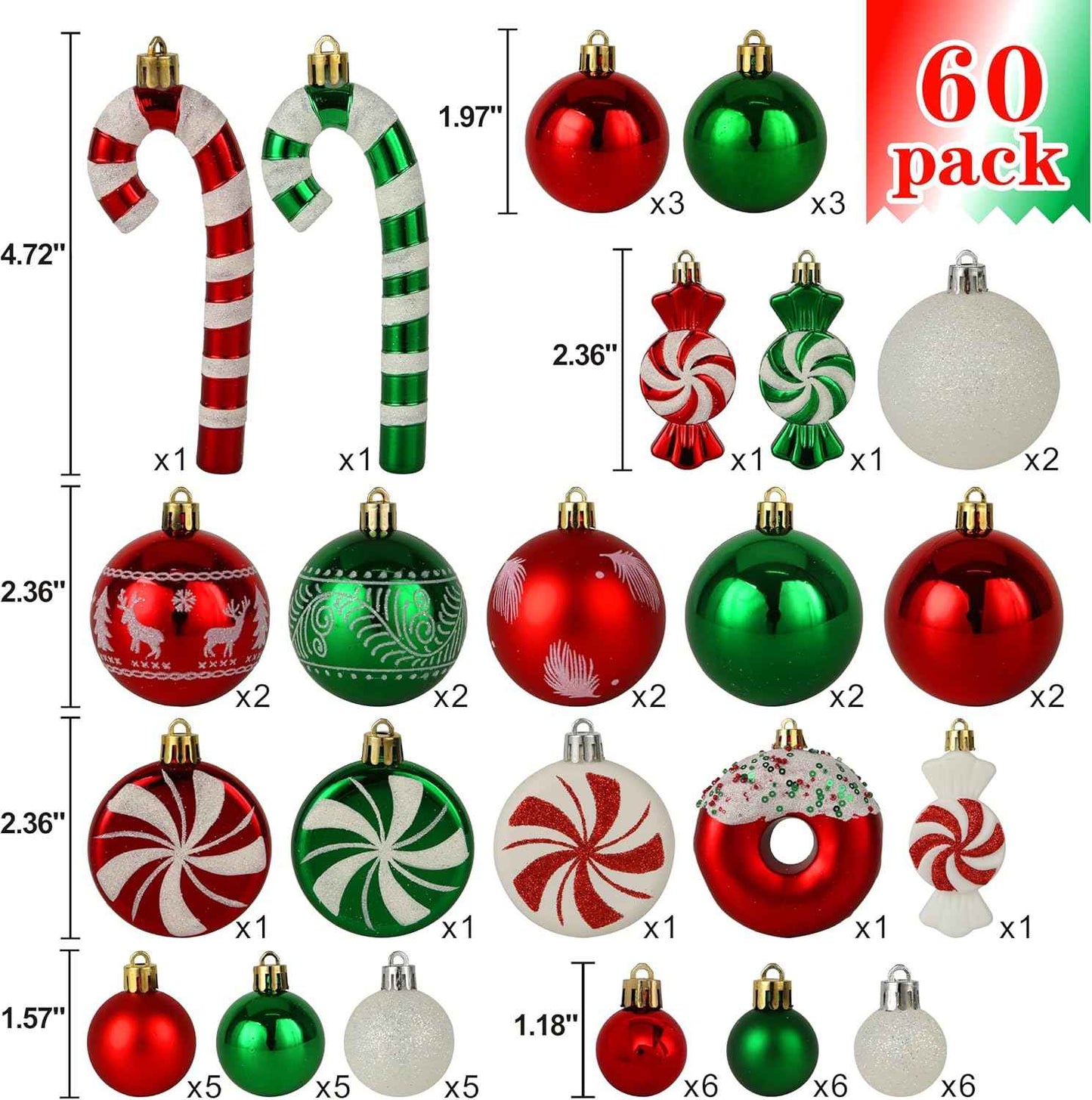 Christmas Tree Ornaments, Green Red White Christmas Ball Ornaments Set of 60 Pack Shatterproof Plastic Xmas Decorations for Home Party Tree