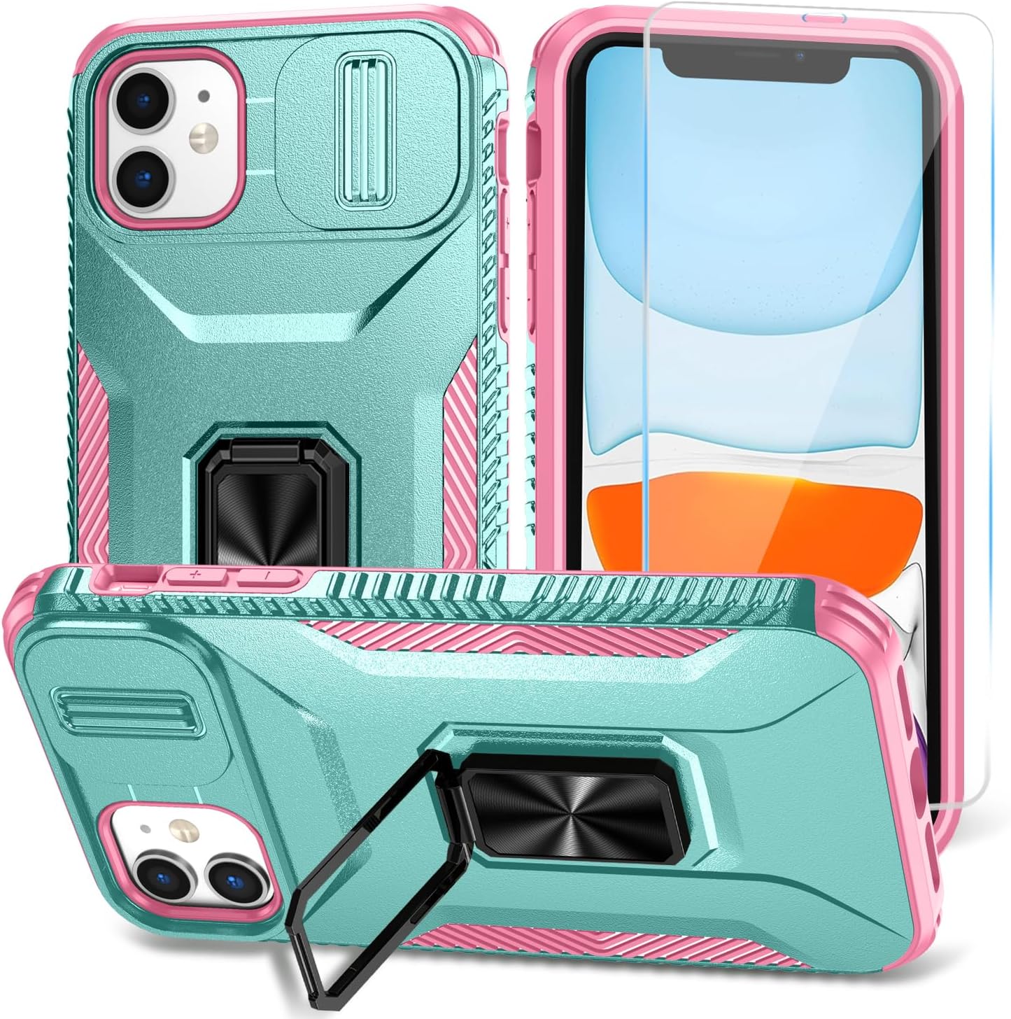SunStory Phone Case for iPhone 16 6.1" with HD Screen Protector | Slide Camera Cover | Rotated Ring Kickstand | Military-Grade Protection | Red