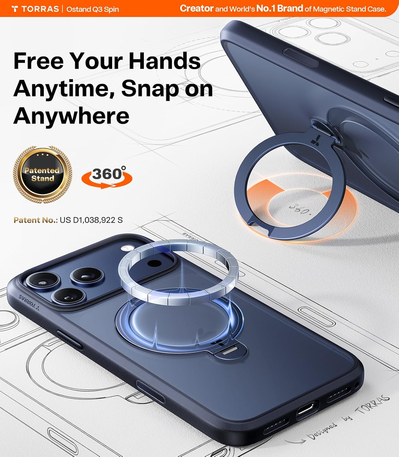 TORRAS Q3 Spin for iPhone 17 Pro Max Case with 360 Magnetic Stand, Camera Control, Fit for MagSafe, 4X Military-Grade Shockproof Case for iPhone 17 Pro Max Phone Case with Kickstand, Deep Blue - Rayz Mart