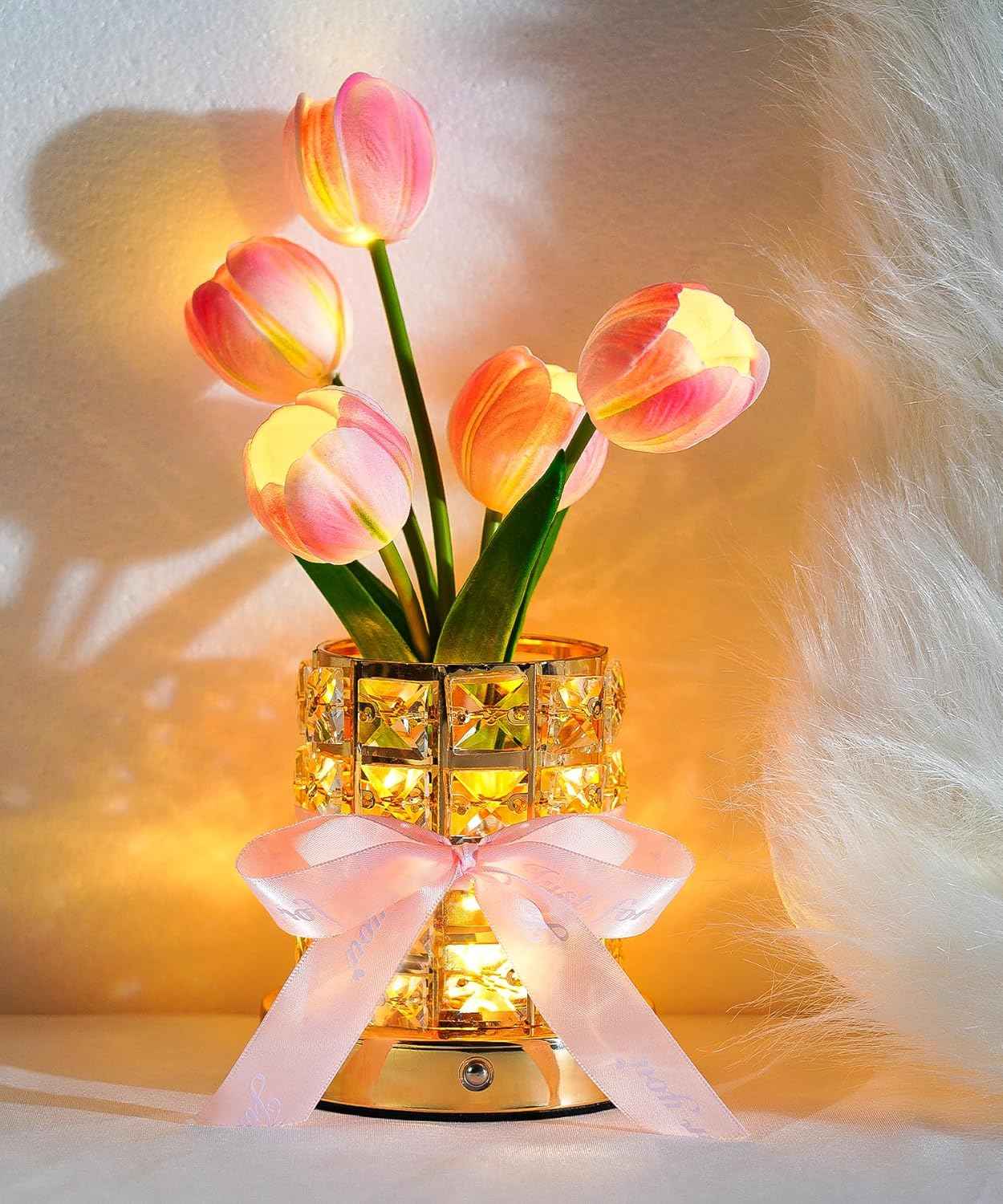 Tulips Flower Lamp or Women – Romantic Night Light with 3 Colors, Touch Control & USB Rechargeable – Birthday, Valentine's Day for Mom, Wife, Girlfriend, Bedroom Decor