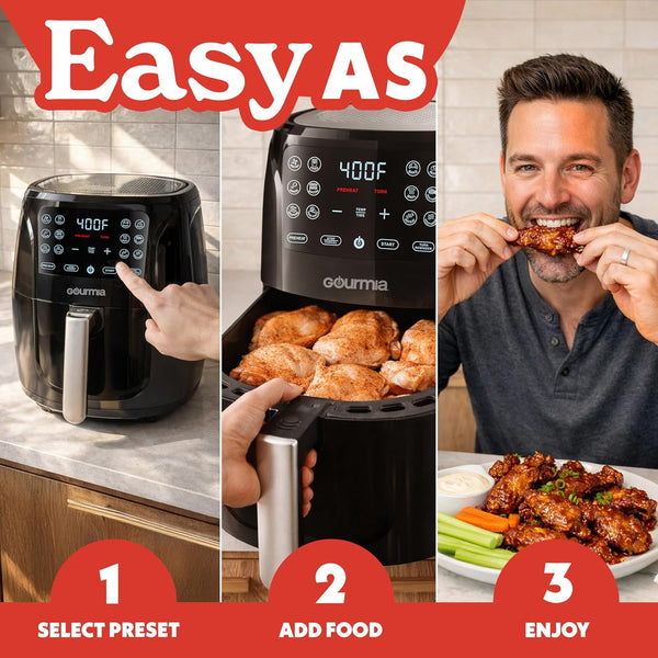 Gourmia Air Fryer - 6 Qt Large Capacity, FryForce 360º, Digital Display with 12 Presets, Roast, Bake, Broil, Dehydrate, Dishwasher Safe Accessories, Black