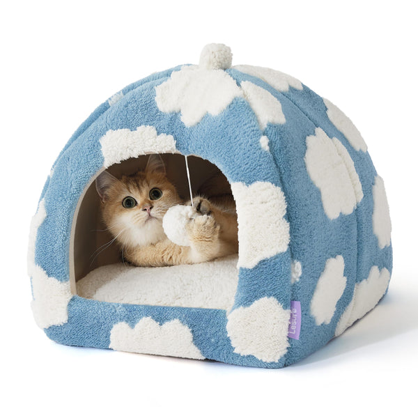 lesure cute cat bed for small indoor pets with removable washable pillow blue 16 inches