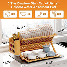 Bamboo dish drying rack with utensil holder for kitchen counter