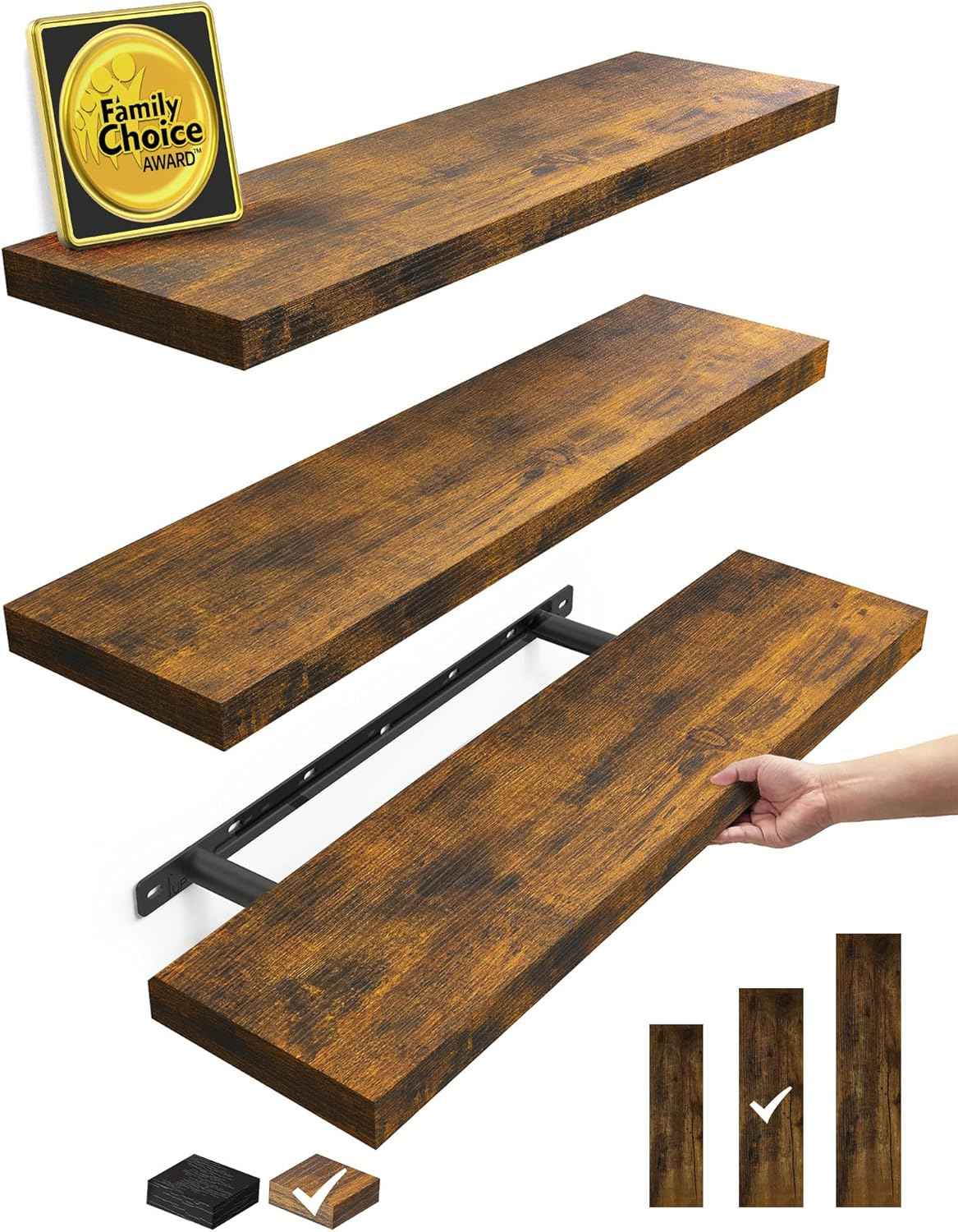 BAYKA Floating Shelves for Wall, Wall Mounted Rustic Wood Shelves for Bathroom, Bedroom, Living Room, Kitchen, Hanging Shelf for Books/Storage/Room Decor with 22lbs Capacity (Black, Set of 3, 15.7in)