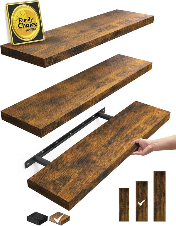 BAYKA Floating Shelves for Wall, Wall Mounted Rustic Wood Shelves for Bathroom, Bedroom, Living Room, Kitchen, Hanging Shelf for Books/Storage/Room Decor with 22lbs Capacity (Black, Set of 3, 15.7in)