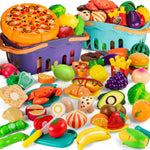 Cutting Play Food Toys For Kids, Pretend Play Kitchen Accessories, Fake Fruits/Vegetables Set With Shopping Storage Basket, Plastic Board And Knife, Birthday Gifts/Educational Toy For Toddler Children