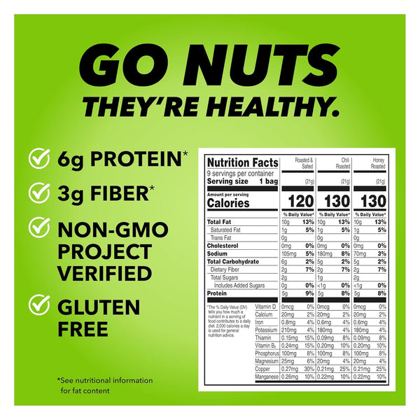 Wonderful No Shells Pistachios 3 Flavors Variety Pack Roasted Salted Chili Honey 9 x 0.75 Ounce Gluten Free Healthy Snacks