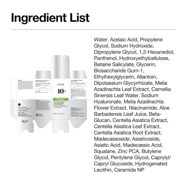anua azelaic acid 10 hyaluron redness soothing serum for sensitive skin, korean skincare, vegan, 30ml, 1.01 fl oz.