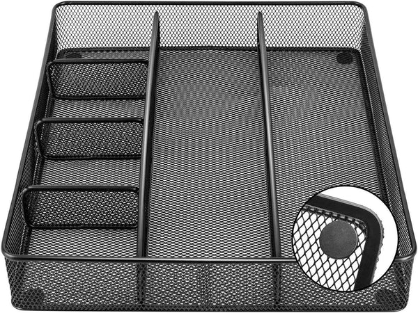 Desk Drawer Organizer - Metal Mesh, Anti-Slip, 6 Compartments, Black, Adjustable and Stackable