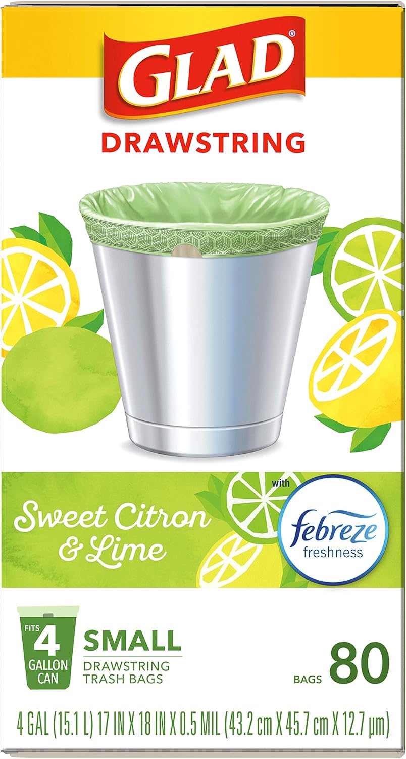 Glad Small Trash Bags 4 Gallon, Febreze Sweet Citron & Lime Garbage Bags, Odor Resistant with Drawstring, 80 Count