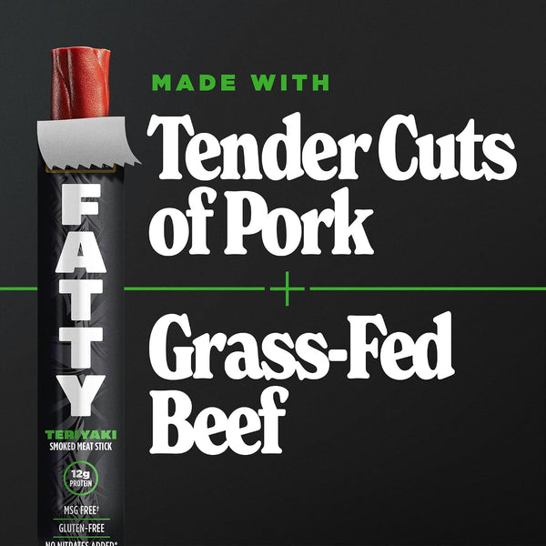 Grass Fed Beef and Pork Meat Sticks, 12g Protein, Teriyaki, 2 oz, Pack of 20