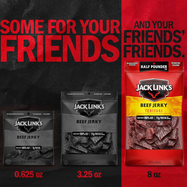 Jack Link's Teriyaki Beef Jerky Half Pounder 8 oz Large Jerky Bag Real Meat Protein Snacks