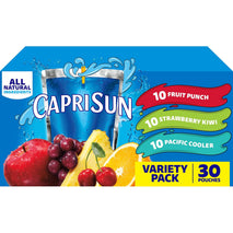 capri sun variety pack, 30 ct box, 6 fl oz pouches, fruit punch, strawberry kiwi, pacific cooler flavors
