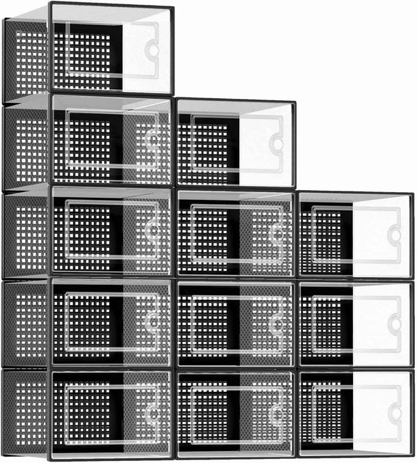 Kuject X-Large Clear Plastic Stackable 12-Pack Shoe Storage Boxes Black
