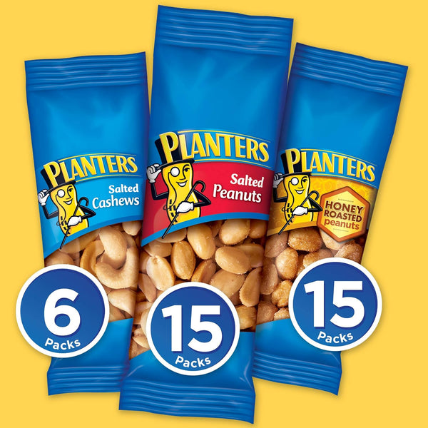 PLANTERS Variety Pack with Salted Cashews, Peanuts, and Honey Roasted Peanuts, 36 Count