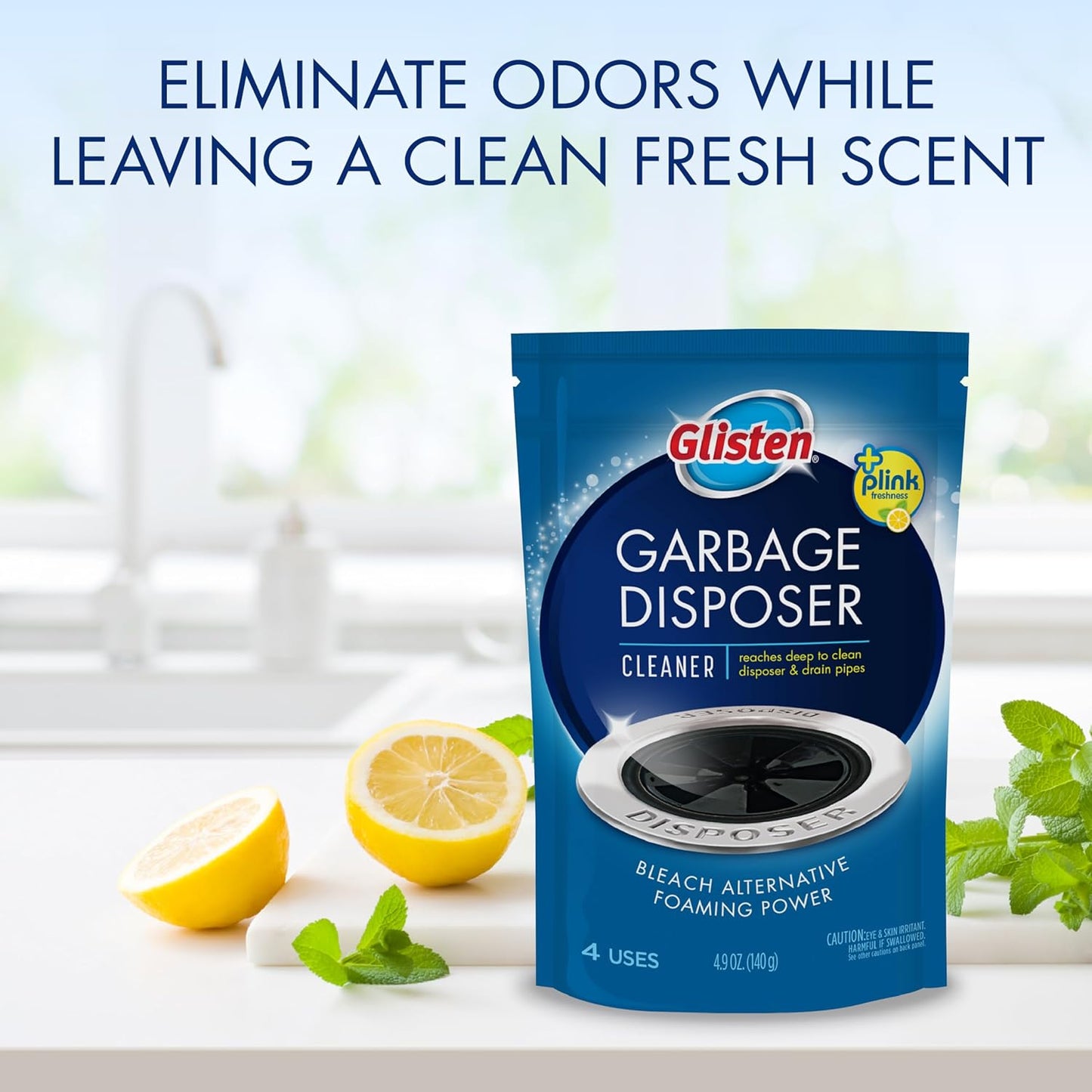 Glisten Garbage Disposer Cleaner and Freshener, Sink Disposal Odor Eliminator with Foaming Action, Lemon Scent, Made in the USA, 4 Packets