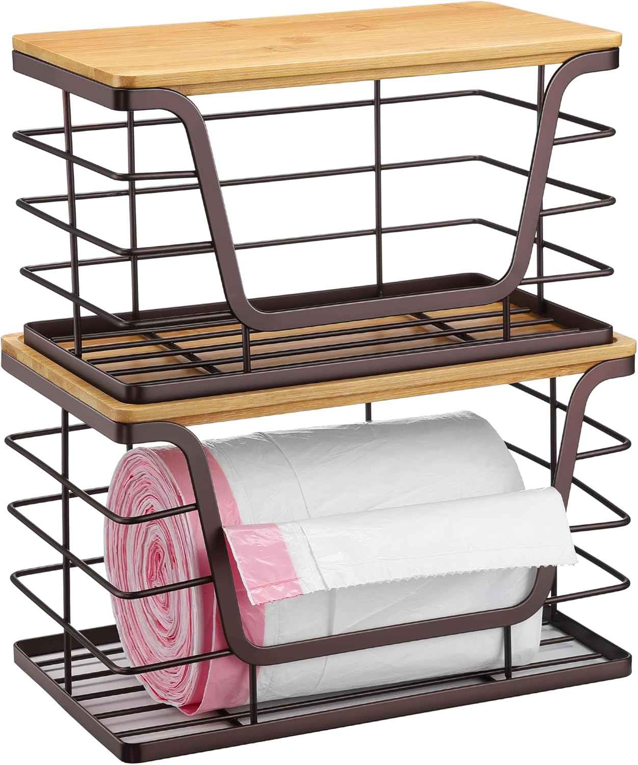 ALOCEO 2 Pack Storage Stackable Kitchen Laundry Organizers with Bamboo Top, Large Trash Bag Holder and Small Garbage Bag Dispenser for Countertop Organization