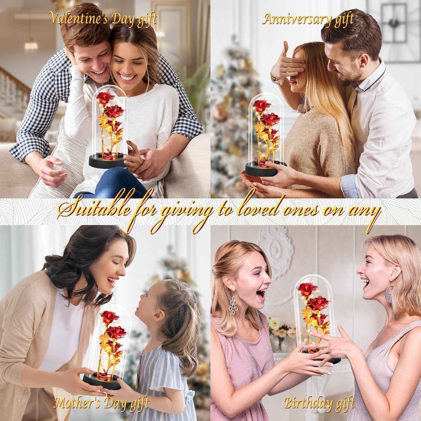 Valentines Day Rose Gifts for Her, Womens Gift for Birthday Gifts for Women Mom Wife Girlfriend, Light Up Rose in A Glass Dome, Rose Gifts for Valentines, Mothers Day, Womens Day (Red)