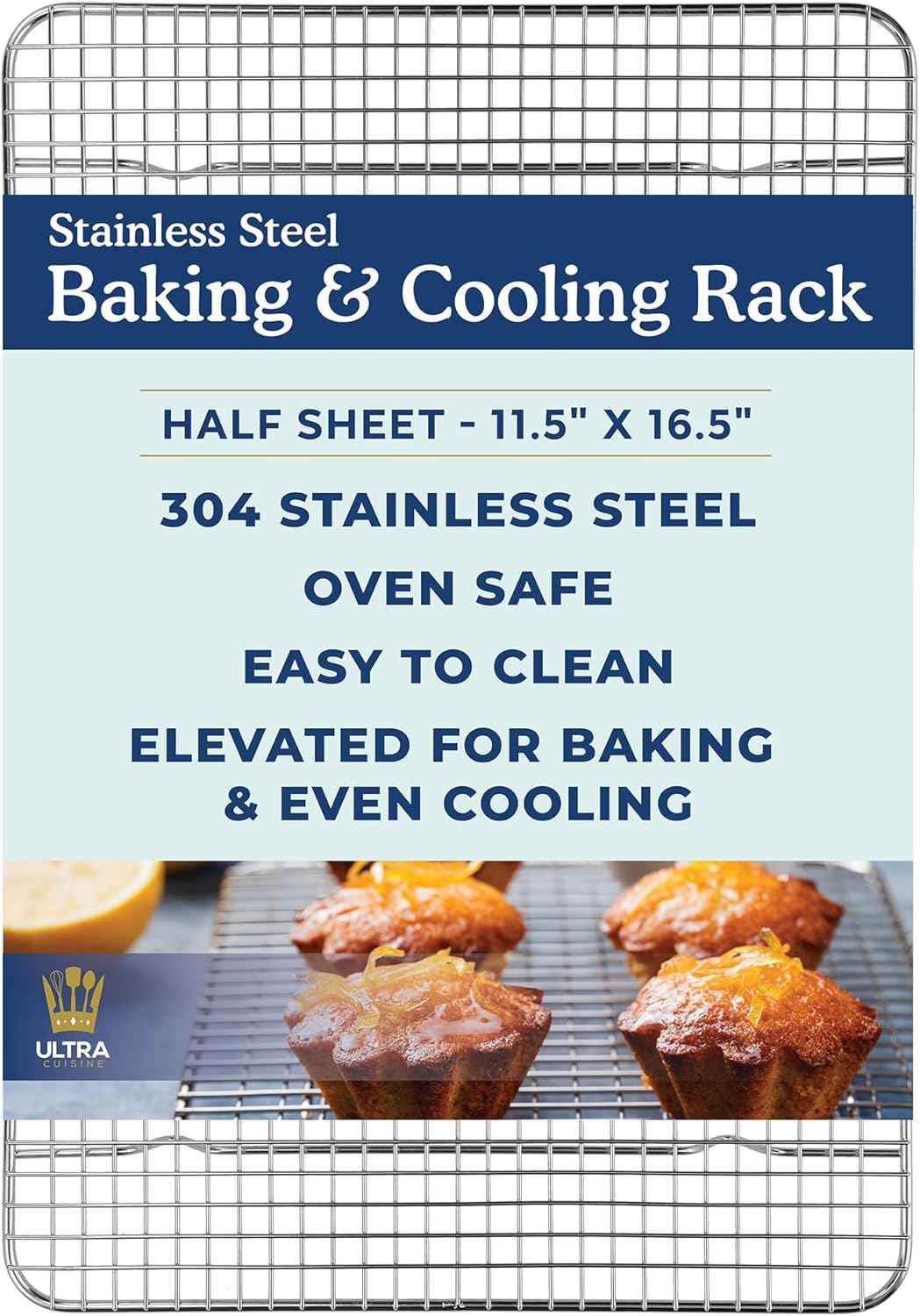 Ultra Cuisine Oven-Safe, Dishwasher-Safe 100% Stainless Steel Cooling and Baking Rack Set Heavy Duty Tight-Wire - 11.5 x 16.5-inch - Set of 2 - Half Sheet Pan Cooling Racks