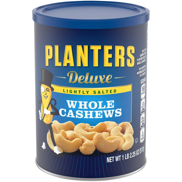 PLANTERS Deluxe Honey Roasted Whole Cashews: Sweet & Salty Snack, Plant-Based Protein, Crunchy Texture, Resealable Canister