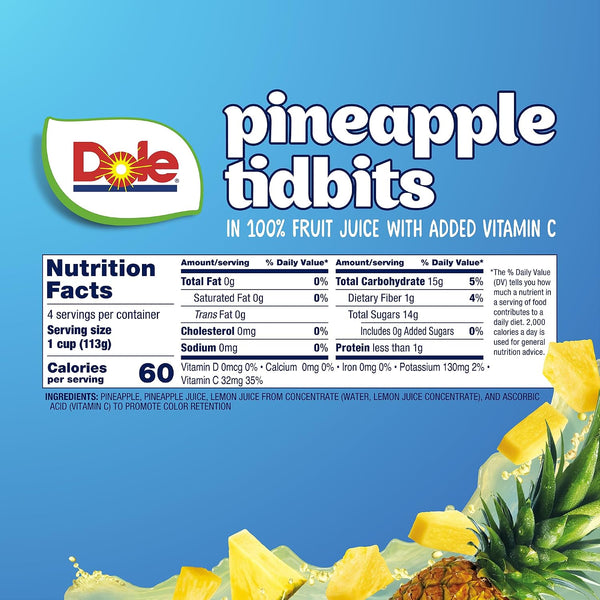 Dole Fruit Bowls Pineapple Tidbits in 100% Juice Snacks, 4oz 24 Total Cups, Gluten & Dairy Free, Bulk Lunch Snacks for Kids & Adults