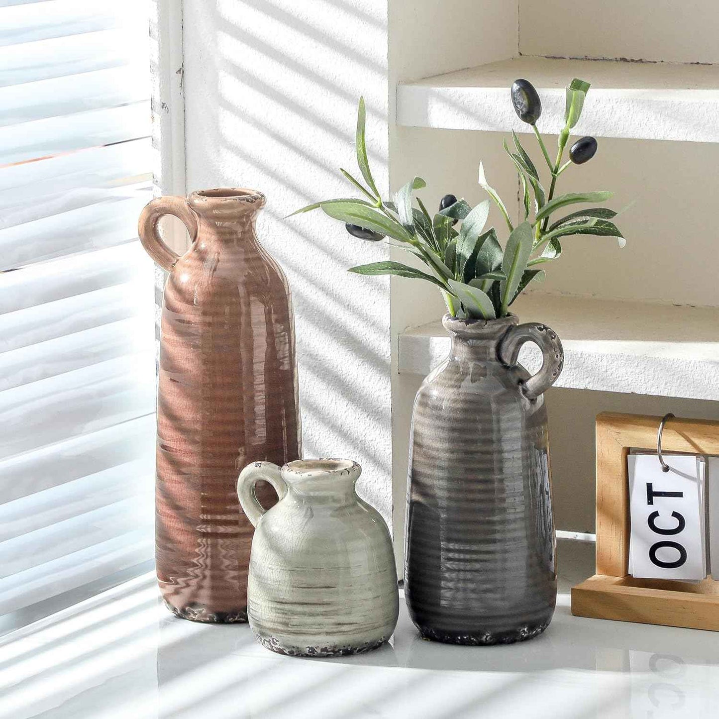 Ceramic Vases Set of 3, Neutral Rustic Farmhouse Vase with Handle, Decorative Flower Vases Home Decor Modern Boho Pampass Vase for Table Mantel Entryway Shelf Living Room Kitchen Bathroom - Brown