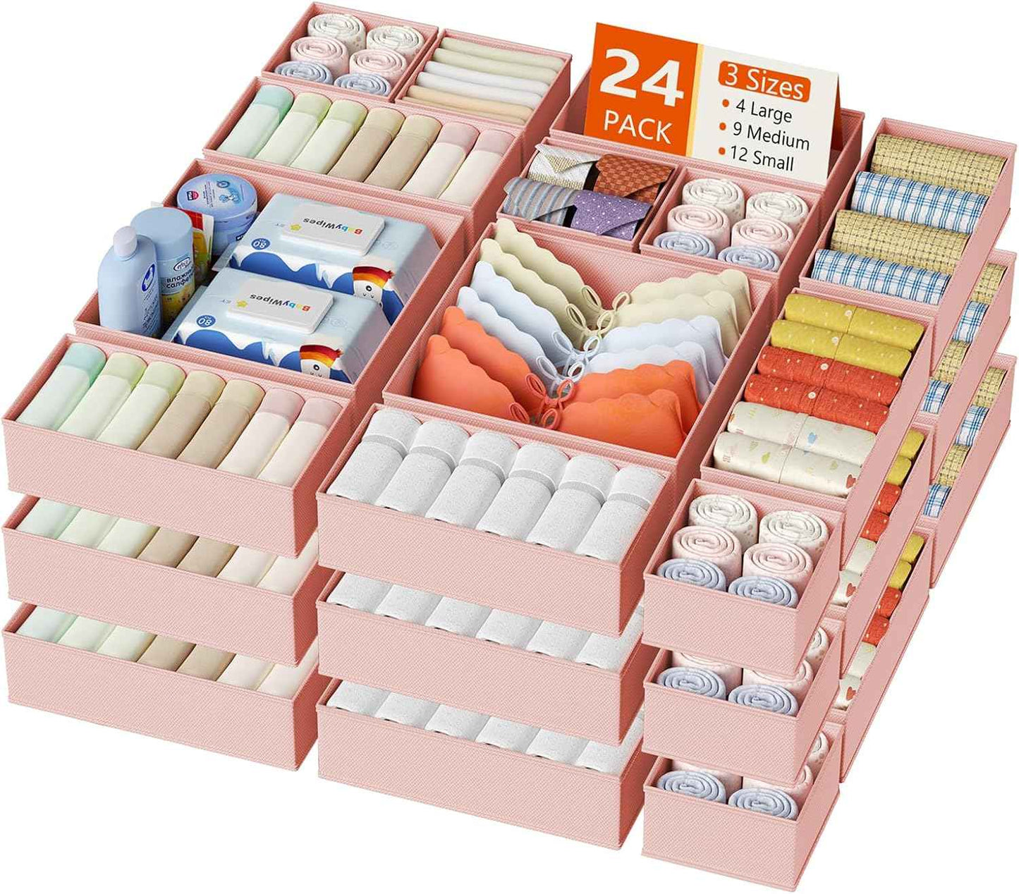 DIMJ Drawer Organizer Clothes, 12 Pack Dresser Organizer, Foldable Closet Organizers and Storage, Fabric Dresser Bins, Drawer Dividers for Nursery, Baby Clothes, Underwears, Sock (Beige)