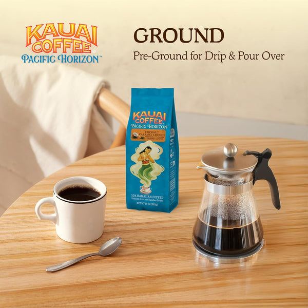 Kauai Coffee Ground Coffee – Smooth, Rich, Medium Roast – 10% Hawaiian Arabica with Coconut Caramel Crunch – 10oz Pack