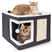 Large Dark Grey cat house with scratch pad and fluffy ball, foldable cat condo hideaway with reversible cushion for multi small pets