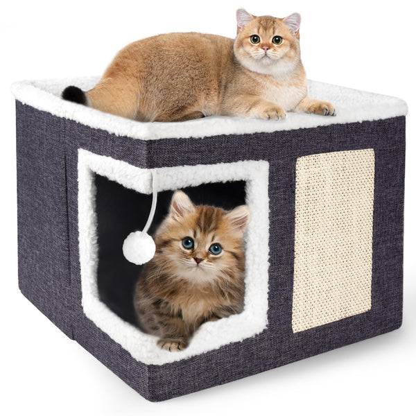 Large Dark Grey cat house with scratch pad and fluffy ball, foldable cat condo hideaway with reversible cushion for multi small pets