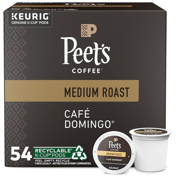 Peet's Café Domingo Medium Roast 100% Arabica Coffee Keurig K-Cup Pods, 54 Count, recyclable, compostable
